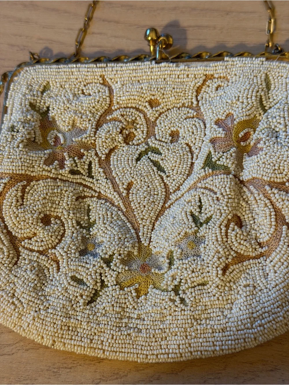 Vintage Longchamp Cream Beaded Floral Evening Clutch with Gold Chain